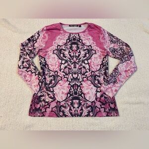 SNO SKINS Pink Baroque-Print Y2K Long Sleeve Tee